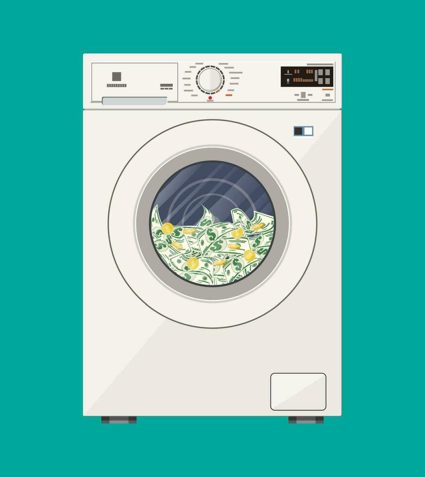 Washing machine full of dollars banknotes. Laundering of money in washer. Dirty money. Hidden wages, salaries black payments, tax evasion, bribe. Anti corruption. Vector illustration in flat style