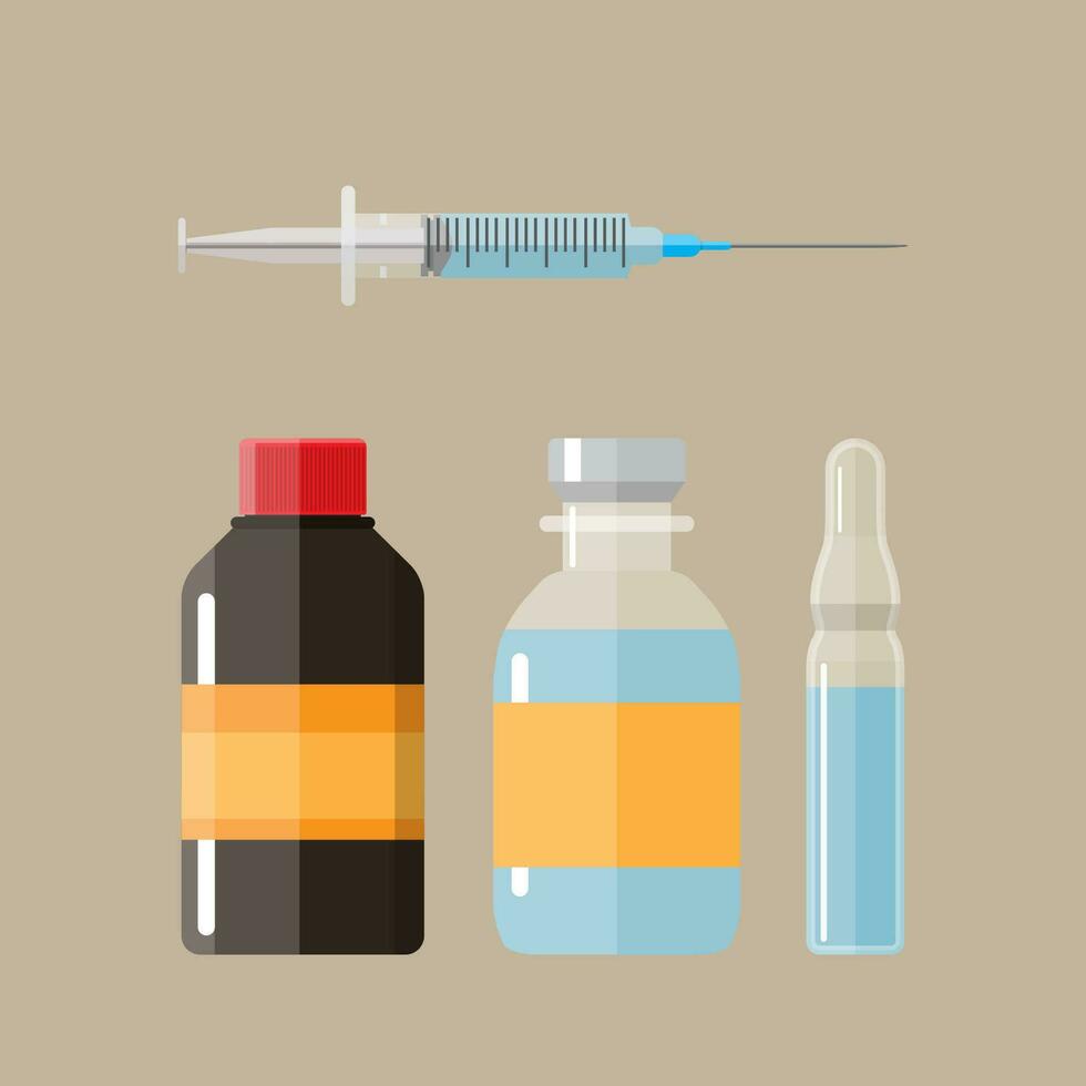 Ampoules and syringe with amedicament. vector illustration in flat style