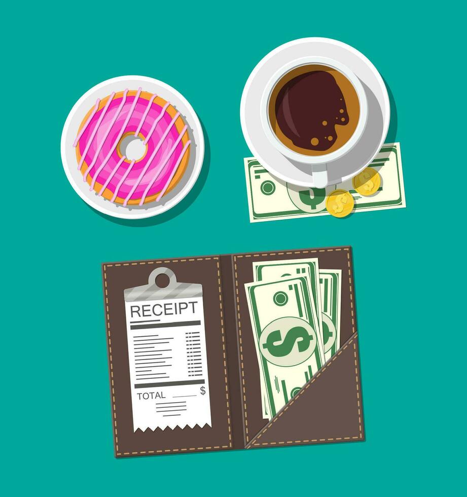 Folder with cash coins and cashier check. Coffee cup, donut. Thanks for the service in the restaurant. Money for servicing. Good feedback about waiter. Gratuity concept. Vector illustration flat style