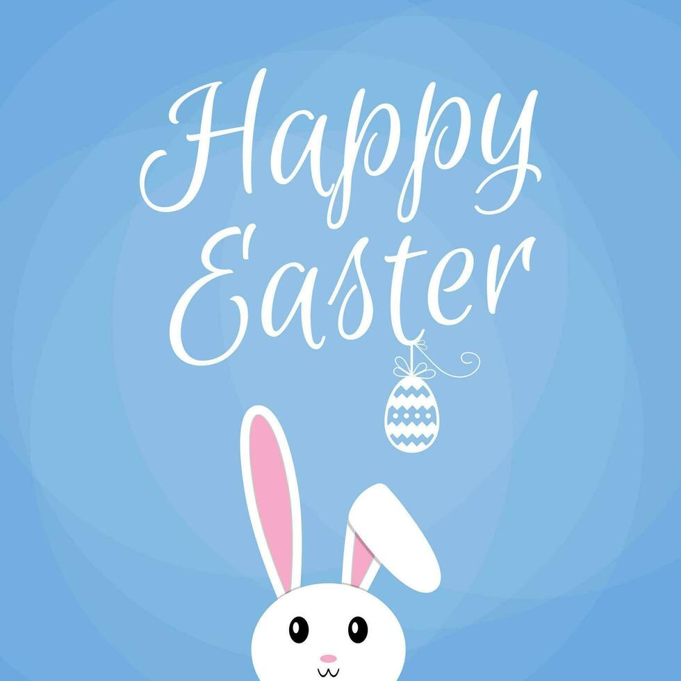 Easter cartoon white bunny card, happy easter sign with egg, bunny on blue background, vector illustration in flat design