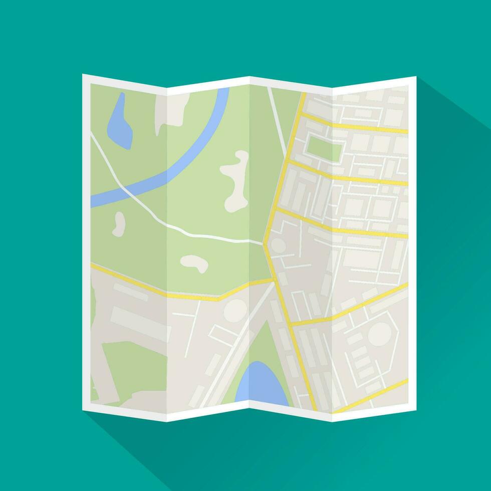 Folded paper city map. Abstract generic city map with roads, buildings, parks, river. City map icon with long shadow. Street map and direction. vector illustration