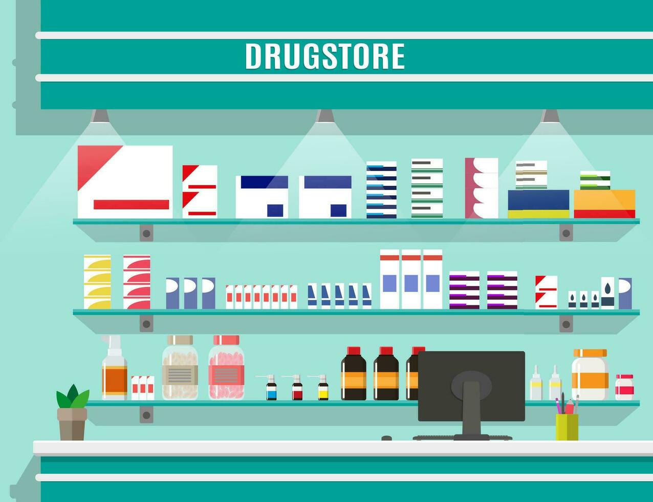 moderno interior farmacia o farmacia. medicina pastillas cápsulas botellas vitaminas y tabletas vector ilustración en plano estilo