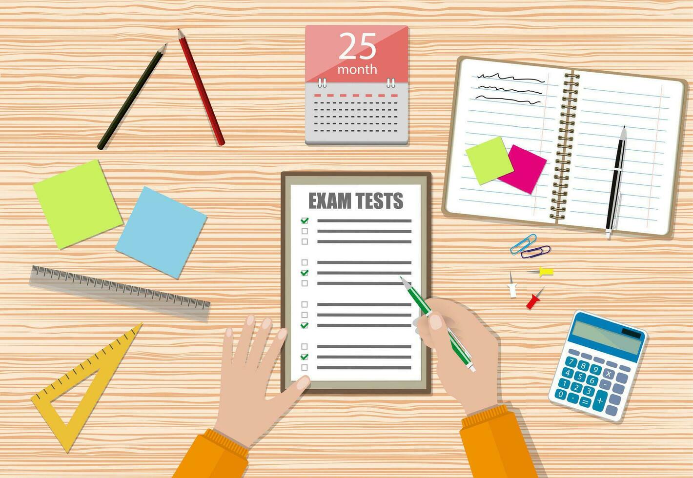 Student hand fills examination quiz paper with green pen, School exam test results. wooden school desk with pins, calculator, notepad, calendar. vector illustration in flat design.