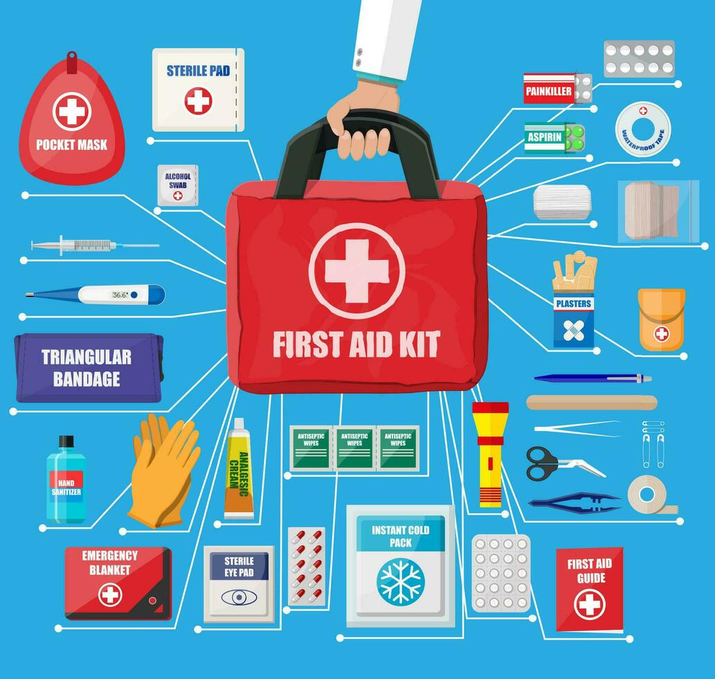 First aid kit with medical equipment and medications. Cloth bag for medicine. Healthcare, hospital and medical diagnostics. Urgency and emergency services. Vector illustration in flat style