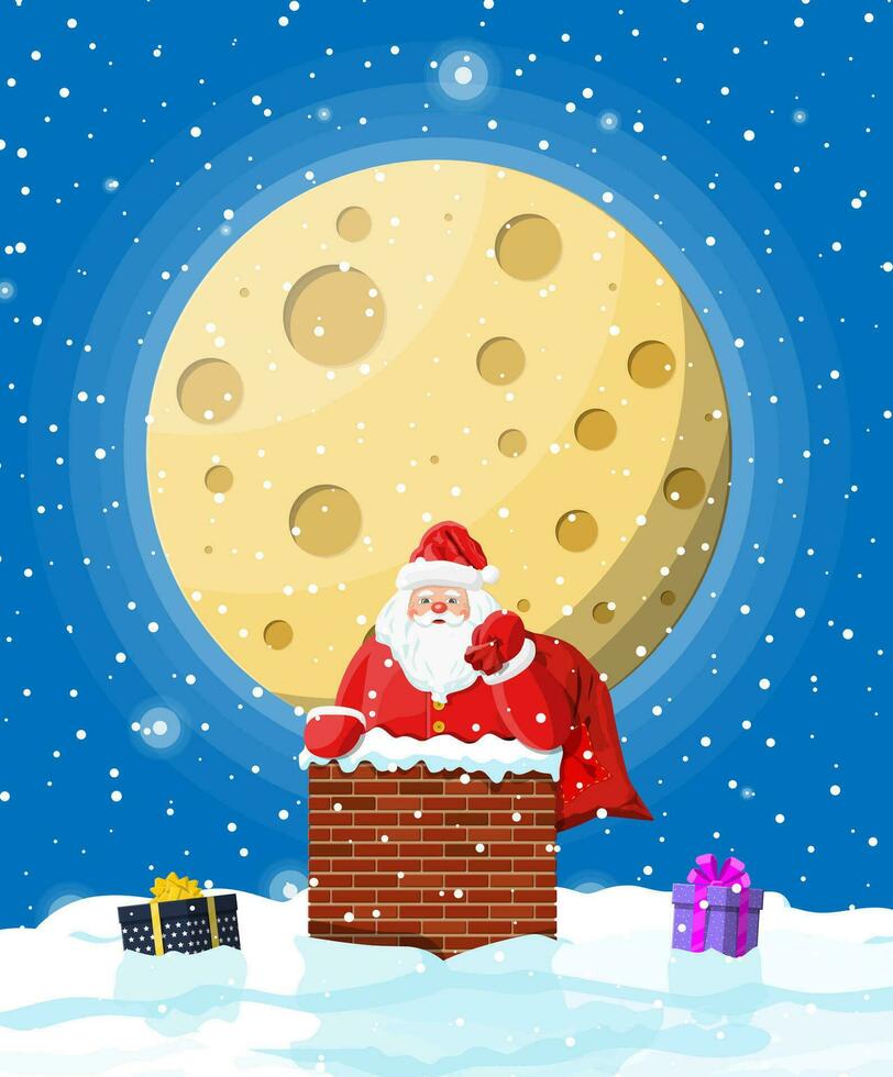 Santa claus with bag with gifts in house chimney, gift boxes in snow. Happy new year decoration. Merry christmas eve holiday. New year and xmas celebration. Vector illustration in flat style