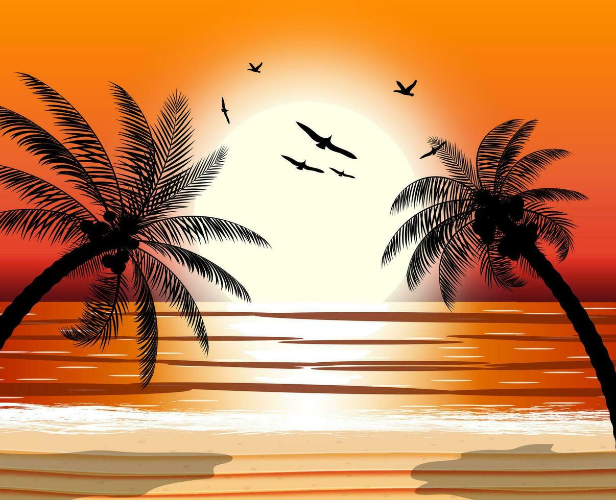 Silhouette of palm tree on beach. Sun with reflection in water and seagulls. Sunset in tropical place. Vector illustration