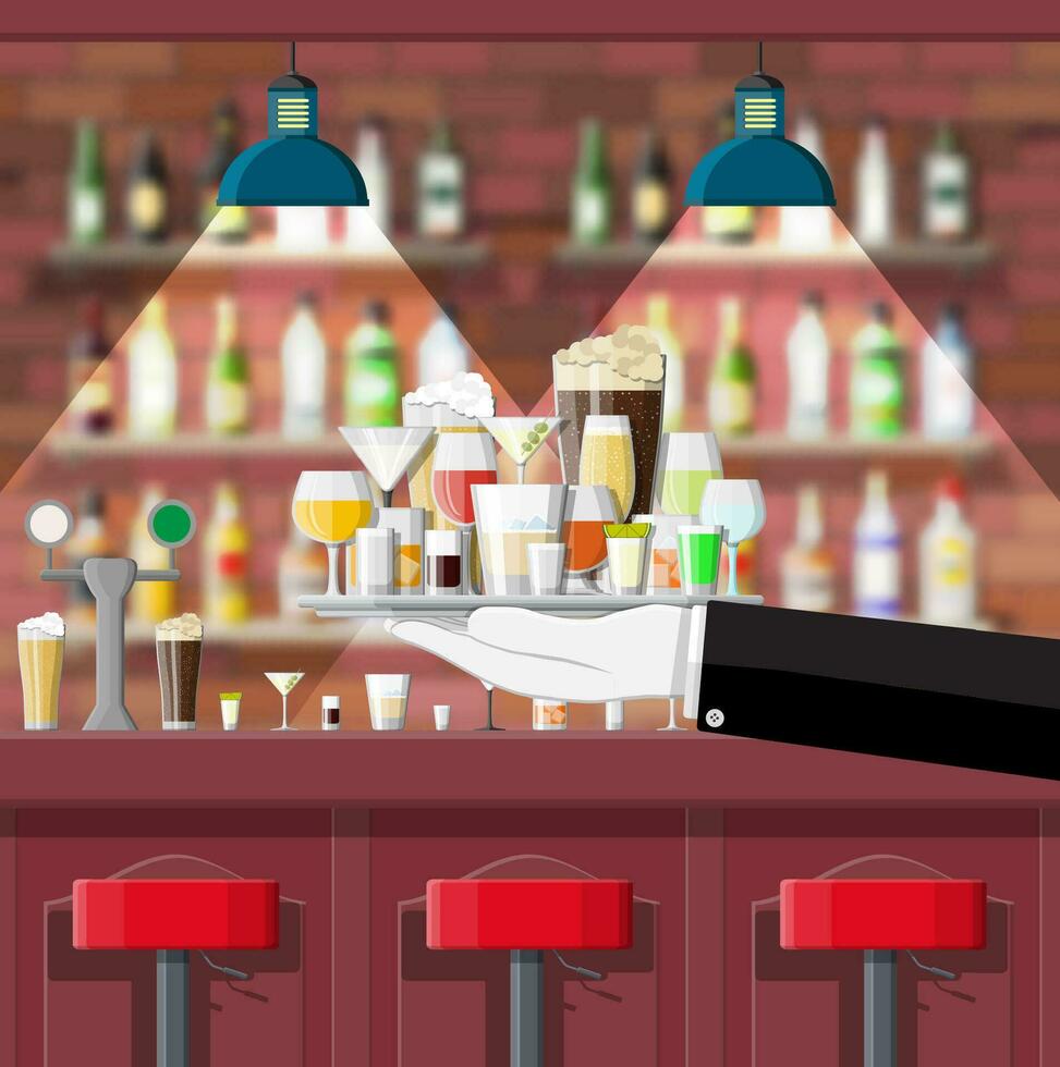 Drinking establishment. Interior of pub, cafe or bar. Bar counter, chairs and shelves with alcohol bottles. Glasses, lamp. Wooden decor. Vector illustration in flat style