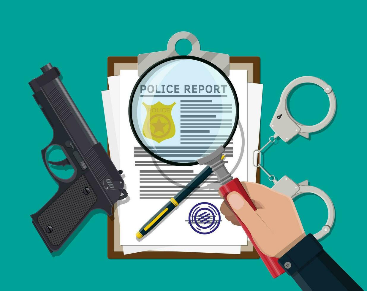 Clipboard with police report and pen. Report sheet with gold police badge. Legal fine document and stack of papers with stamp. Pistol gun and handcuffs. Vector illustration in flat style
