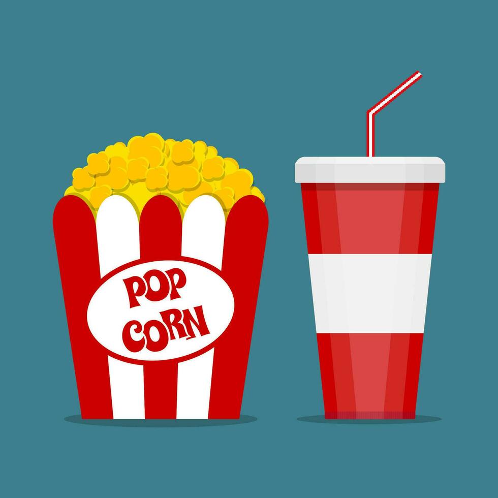 Opened Red white paper box with popcorn and cup for soft drinks with drinking straw. Popcorn and cola logo. vector illustration in flat design on blue background