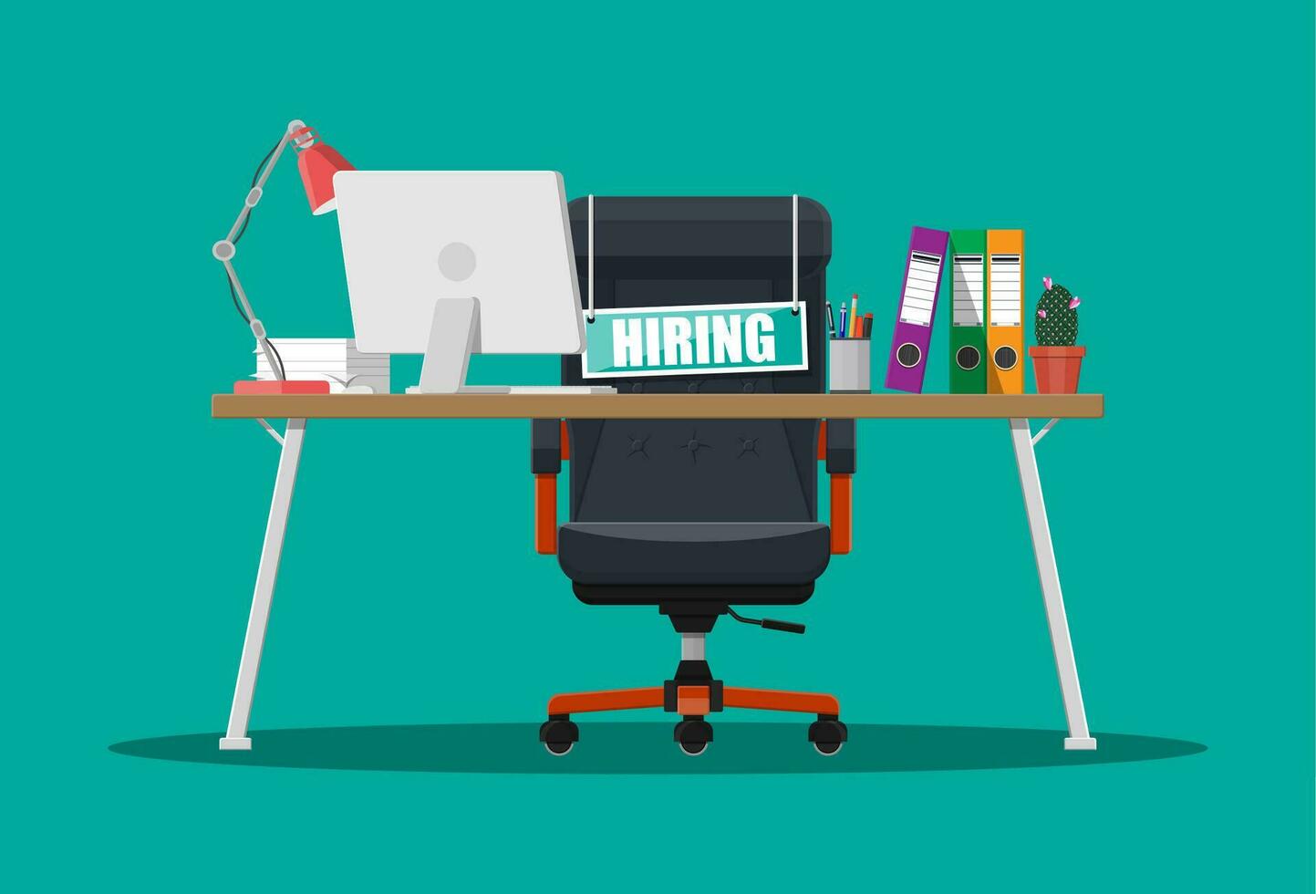 Office chair, sign vacancy. Table with office items. Hiring and recruiting. Human resources management concept, searching professional staff work. Found right resume. Vector illustration in flat style