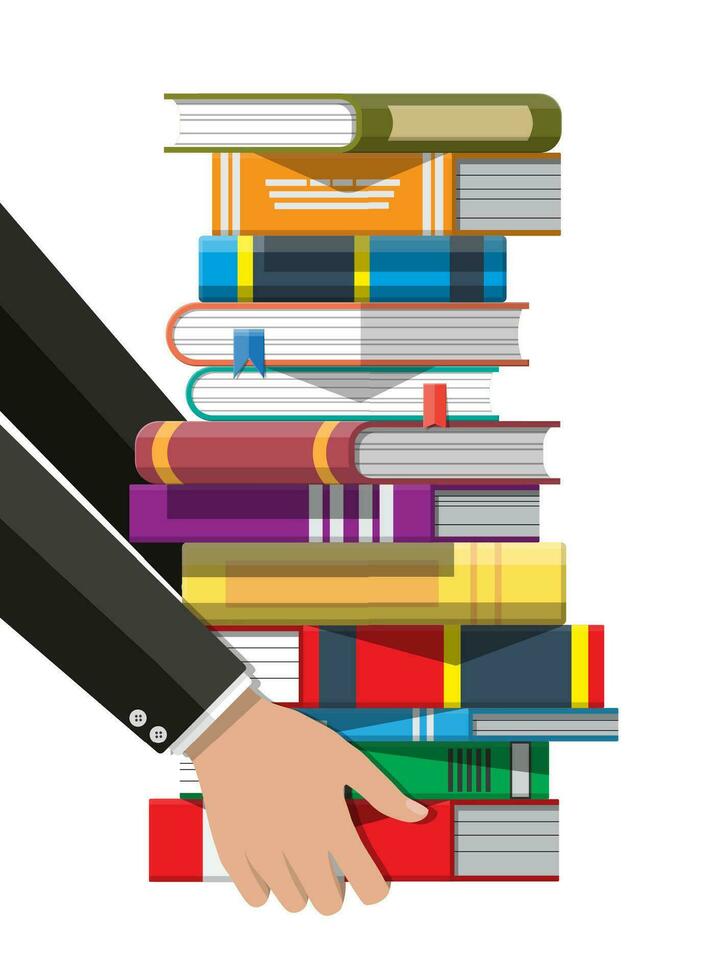 Pile of books in hand. Reading education, e-book, literature, encyclopedia. Vector illustration in flat style