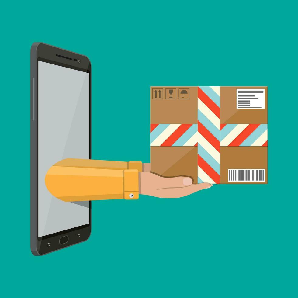 Hands with postal cardboard box and smartphone. Delivery concept. Flat style vector illustration
