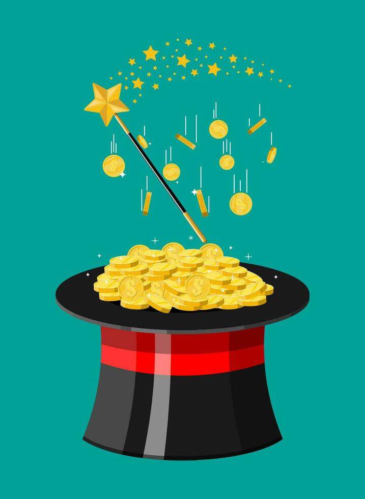 Magic hat, wand and gold coins. Illusionist cap full of money. Golden coin with dollar sign. Growth, income, savings, investment. Symbol of wealth. Business success. Flat style vector illustration.