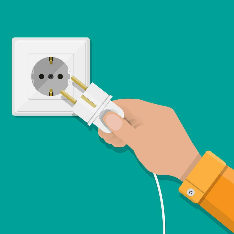 Electric white socket and hand with plug on green background. vector illustration in flat design