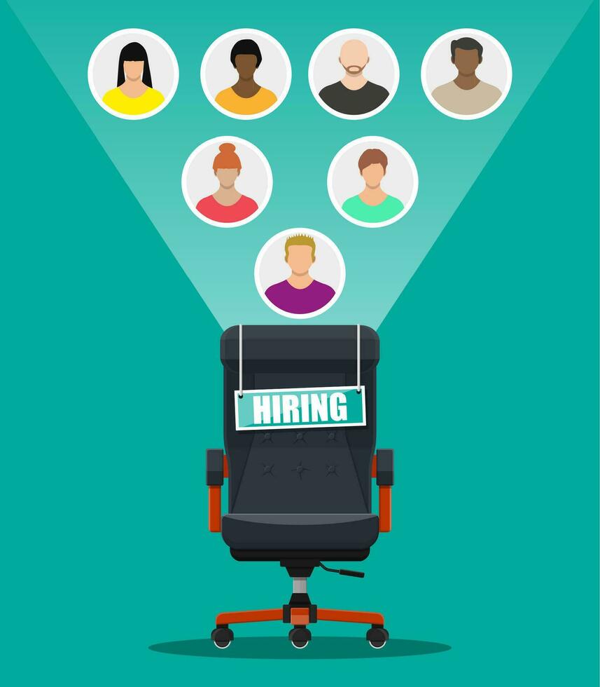 Office chair and sign vacancy. Hiring and recruiting. Human resources management concept, searching professional staff, work. Found right resume. Vector illustration in flat style