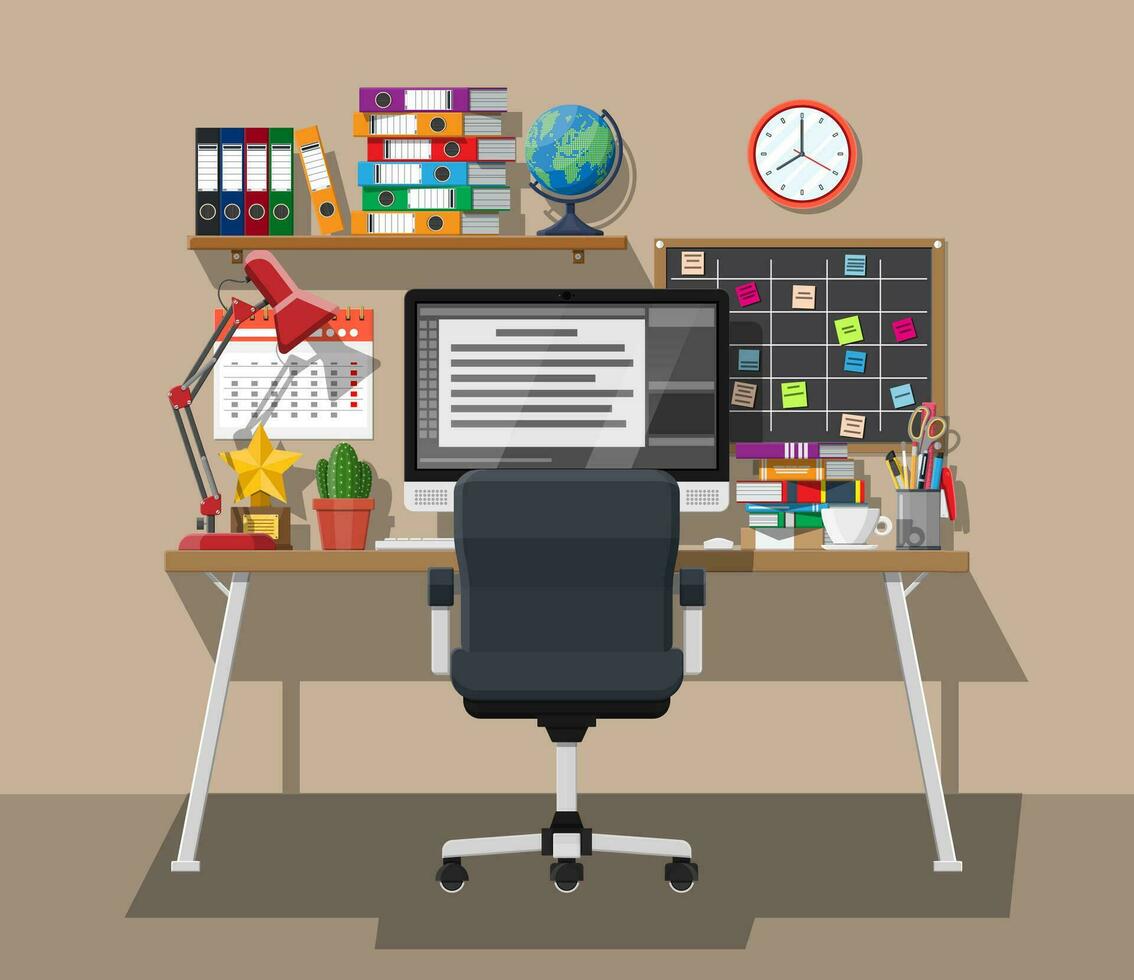 Modern creative office or home workspace. Workplace with computer, lamp, clock, books, coffee, calendar, chair, desk and stationery. Desk with business elements. Vector illustration in flat style