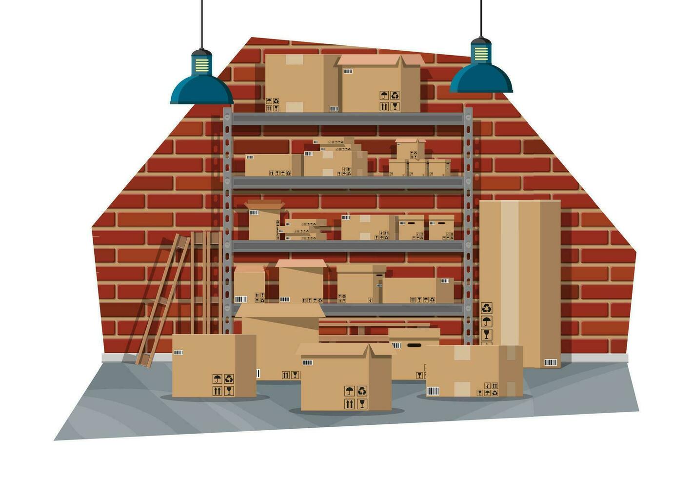 Warehouse interior with goods and container package boxes. Pile cardboard boxes set. Carton delivery packaging open and closed box with fragile signs. Vector illustration in flat style