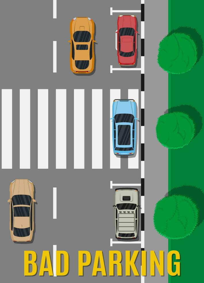 City parking lot with different cars. Shortage parking spaces. Parking zone top view with vehicles. Bad or wrong car parking. Traffic regulations. Rules of the road. Vector illustration in flat style