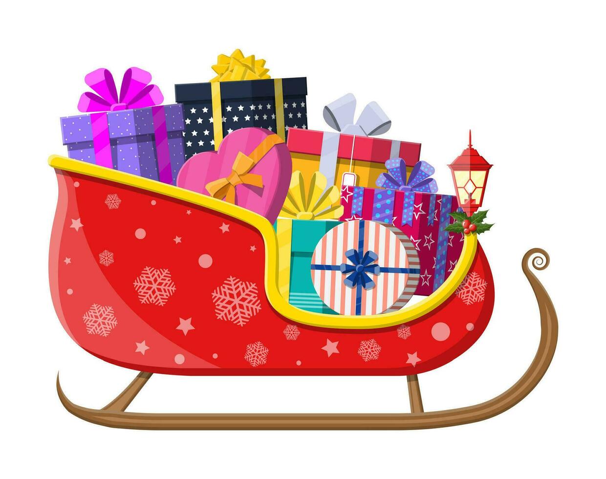 Santa claus sleigh with gifts boxes with bows. Happy new year decoration. Merry christmas holiday. New year and xmas celebration. Vector illustration in flat style