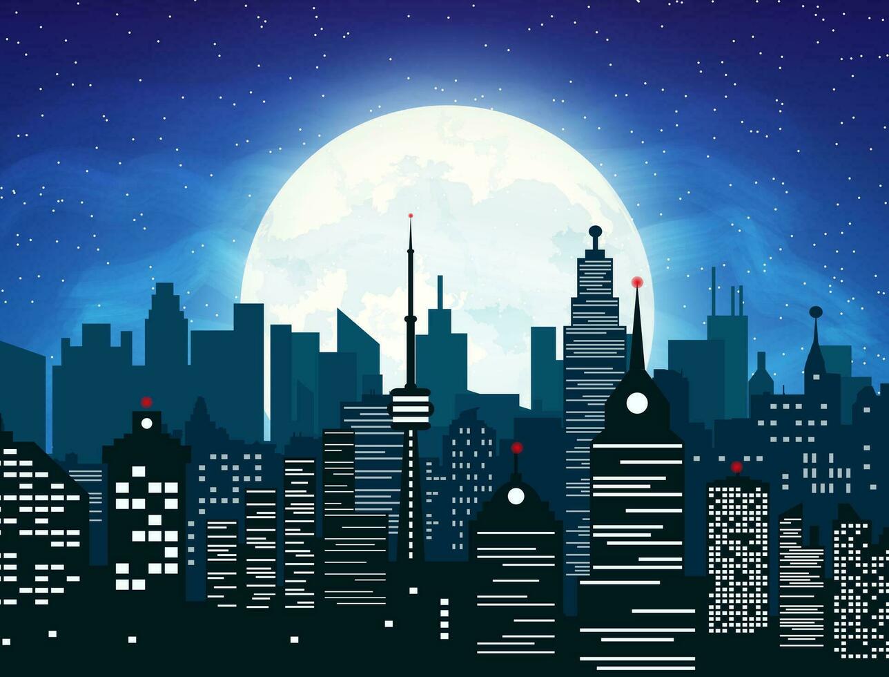 silueta de el ciudad con nublado noche cielo, estrellas y lleno Luna. vector ilustración