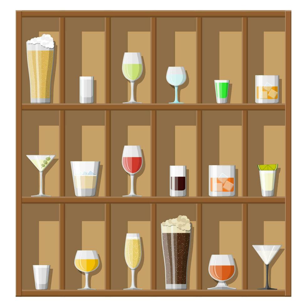 Alcohol drinks collection in glasses on shelves. Vodka champagne wine whiskey beer brandy tequila cognac liquor vermouth gin rum absinthe sambuca cider bourbon. Vector illustration in flat style.