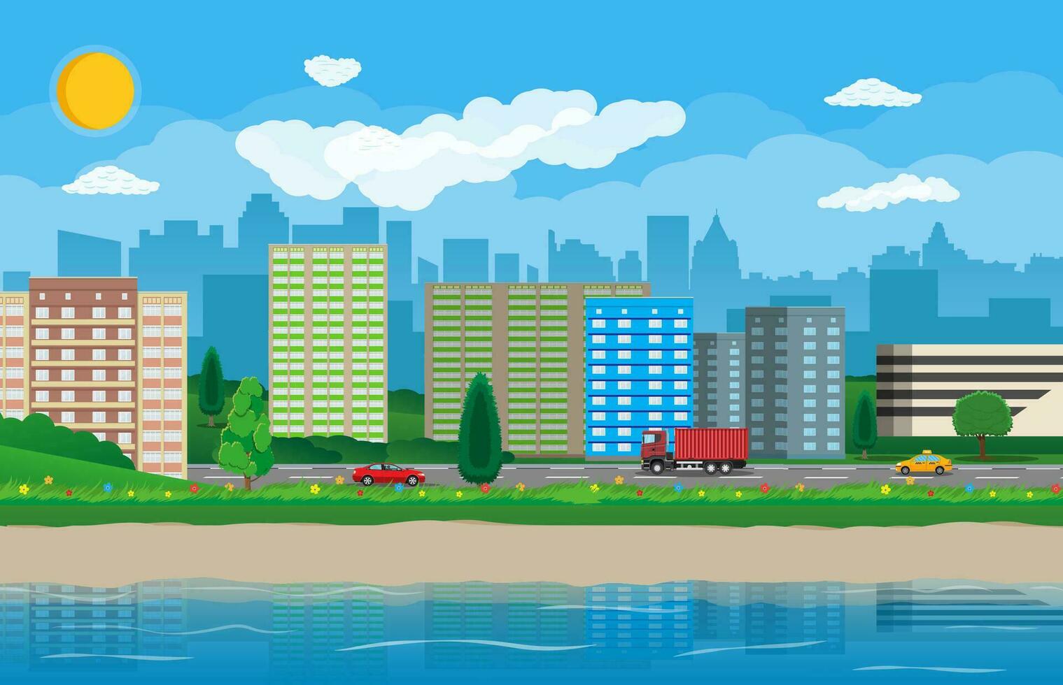 City view. Cityscape. Office and residental buildings, shops. Road, truck, cars. Public transportation system. Waterfront, river, embankment Clouds sky and sun Vector illustration in flat style