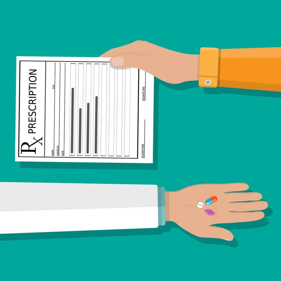 manos sostiene un prescripción rx formar y pastillas tomando pastillas, cuidado de la salud, hospital y médico diagnósticos vector ilustración en plano estilo