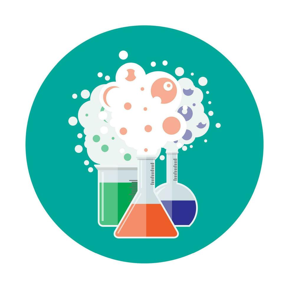 Laboratory equipment, jars, beakers, flasks. Chemical reaction. Biology science education medical. Vector illustration in flat style