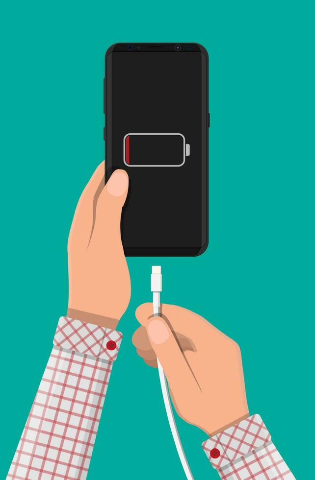 Smartphone and charger adapter. Low battery, addiction. Phone is charging from wall outlet. Vector illustration in flat style