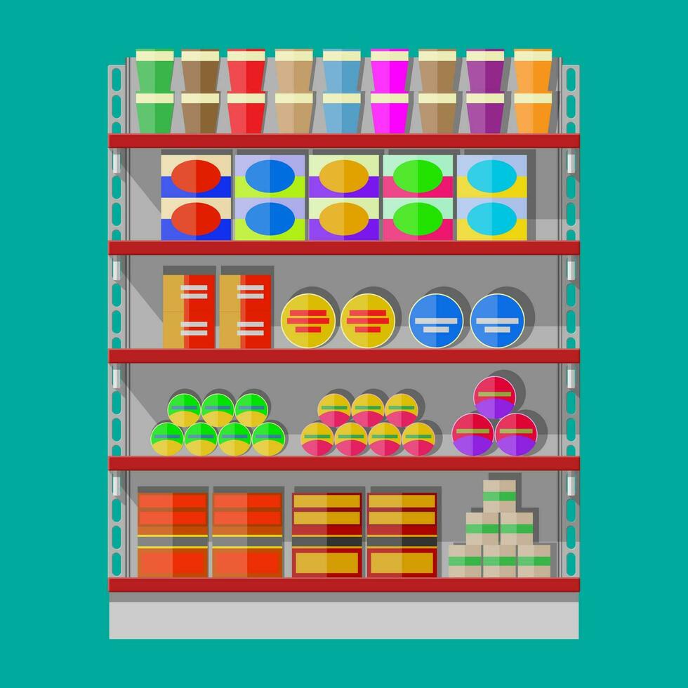 Supermarket shelves with groceries. Goods and products. Food and drinks in boxes and bottles. Various packages on racks. Mall, shop, retail store. Vector illustration in flat style