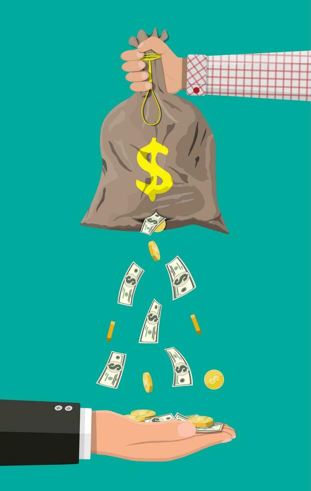 Money bag with hole in hand. Losing golden coins and dollar cash. Losing money and overspending. Business insurance and protection. Vector illustration in flat style