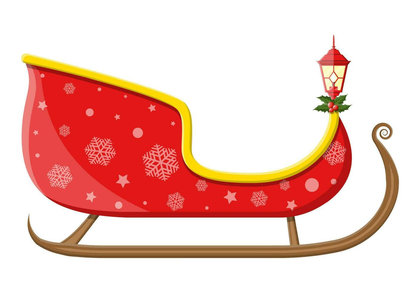 Empty santa sleigh with snowflakes, holly and lamp. Happy new year decoration. Merry christmas holiday. New year and xmas celebration. Vector illustration in flat style