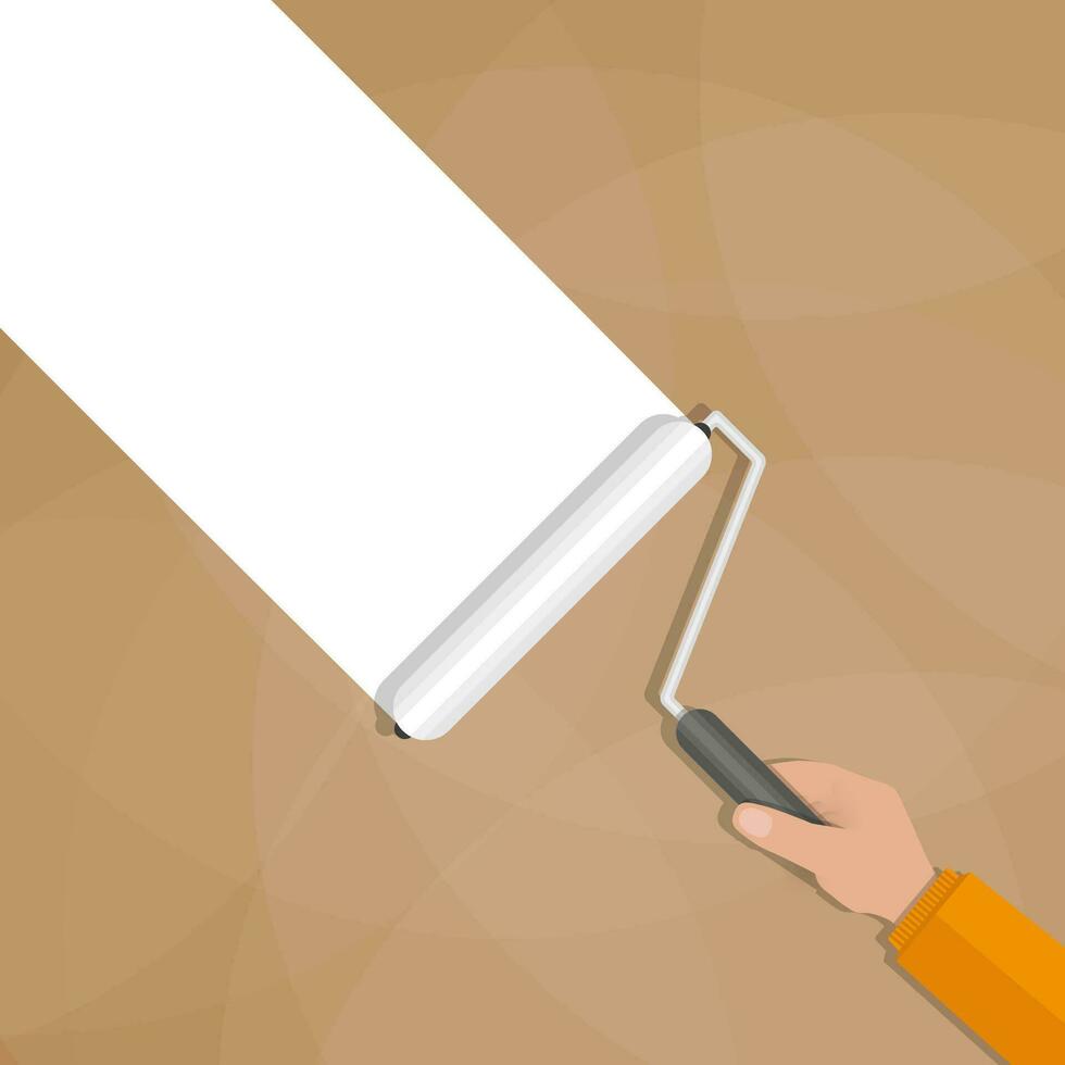 Paint roller with hand make a white line on brown wall. vector illustration in flat design