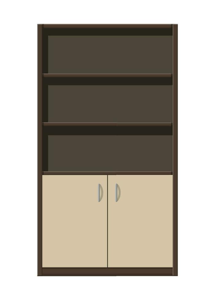 Empty wooden storage shelves. Room furniture, cabinet with doors. Office interior. Vector illustration in flat style