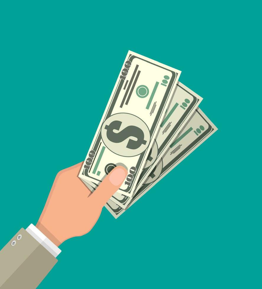 Hands with dollar banknotes. Concept of savings, donation, paying. vector illustration in flat style on green background