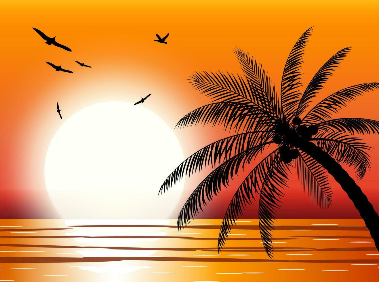 Silhouette of palm tree on beach. Sun with reflection in water and seagulls. Sunset in tropical place. Vector illustration