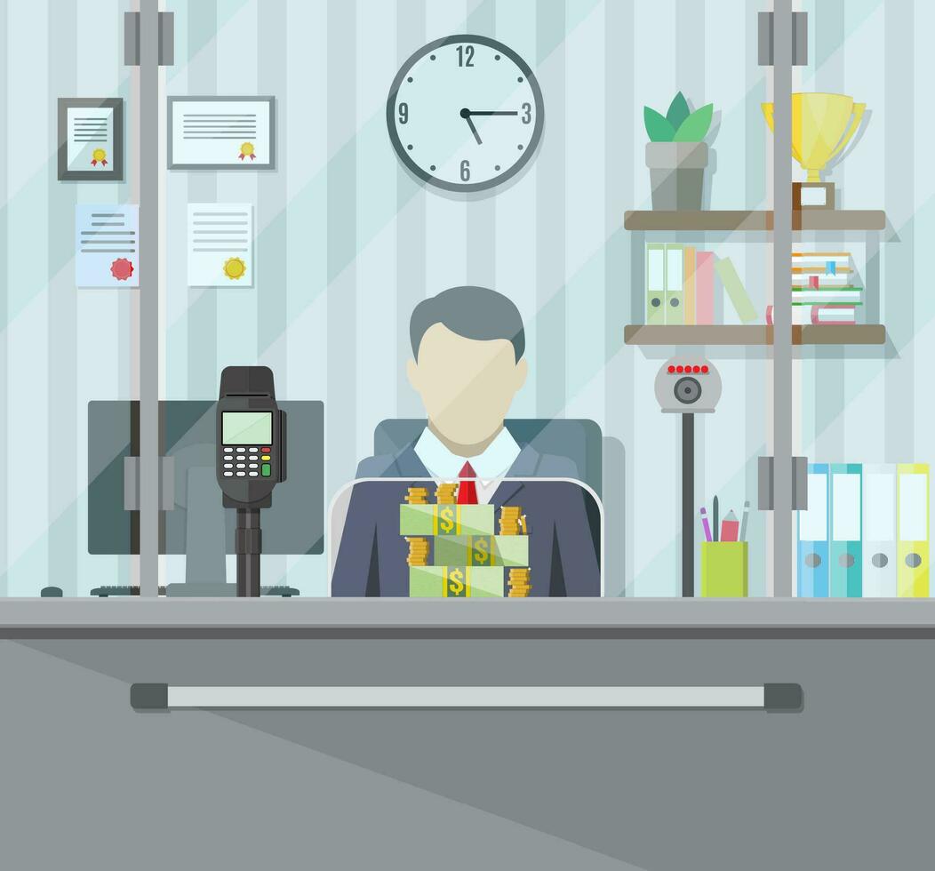 Bank teller behind window. Books, cup, plant, clocks, computer and keypad terminal. Stacks of dollars. Depositing money in bank account. People service and payment. vector illustration in flat style