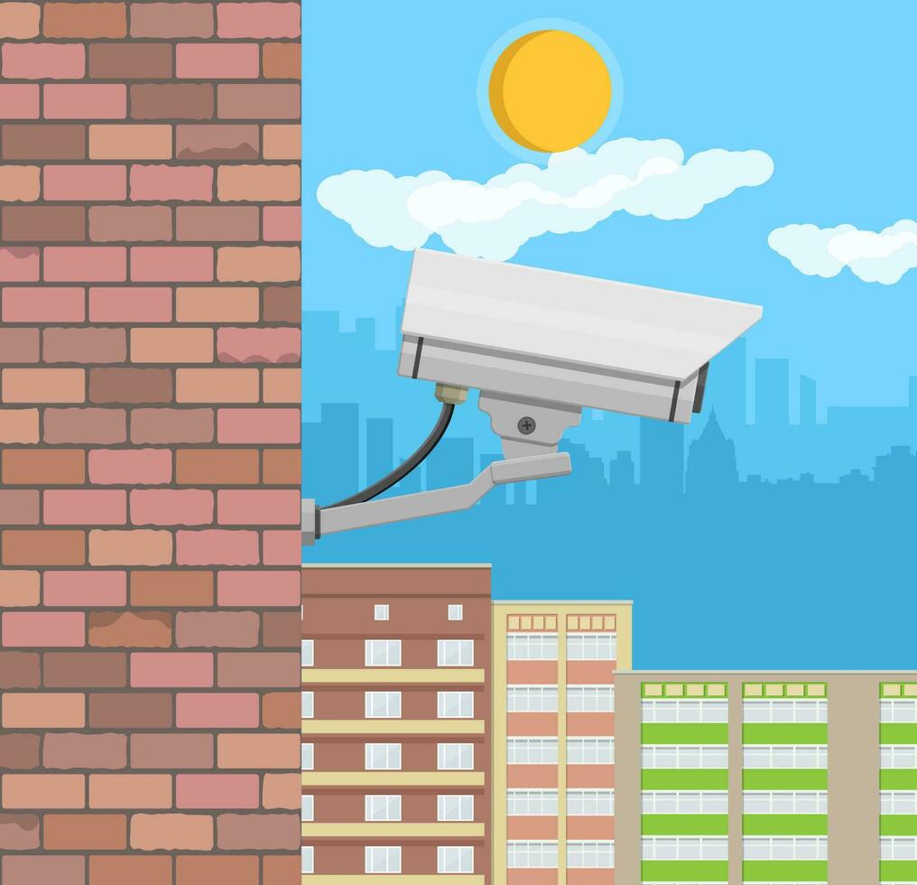 Security camera on wall. Surveillance remote camera. Safety and protection equipment. Cityscape with buildings, sky, cloud, sun. Vector illustration in flat style