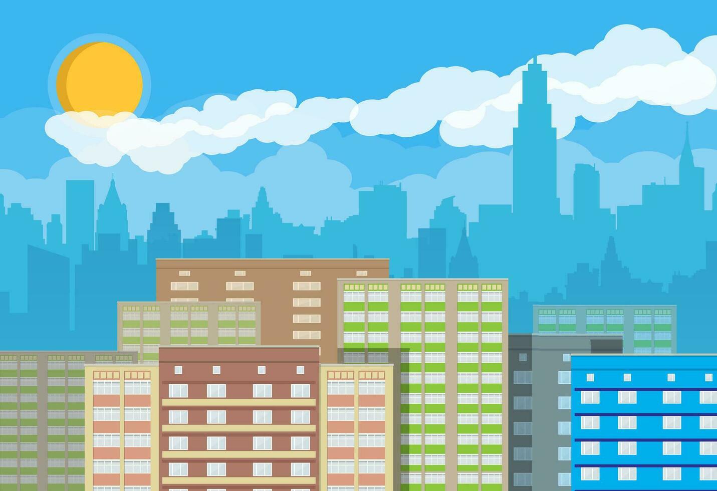 City skyline silhouette at day. Skyscappers, towers, office and residental buildings. Sky, clouds and sun. Vector illustration