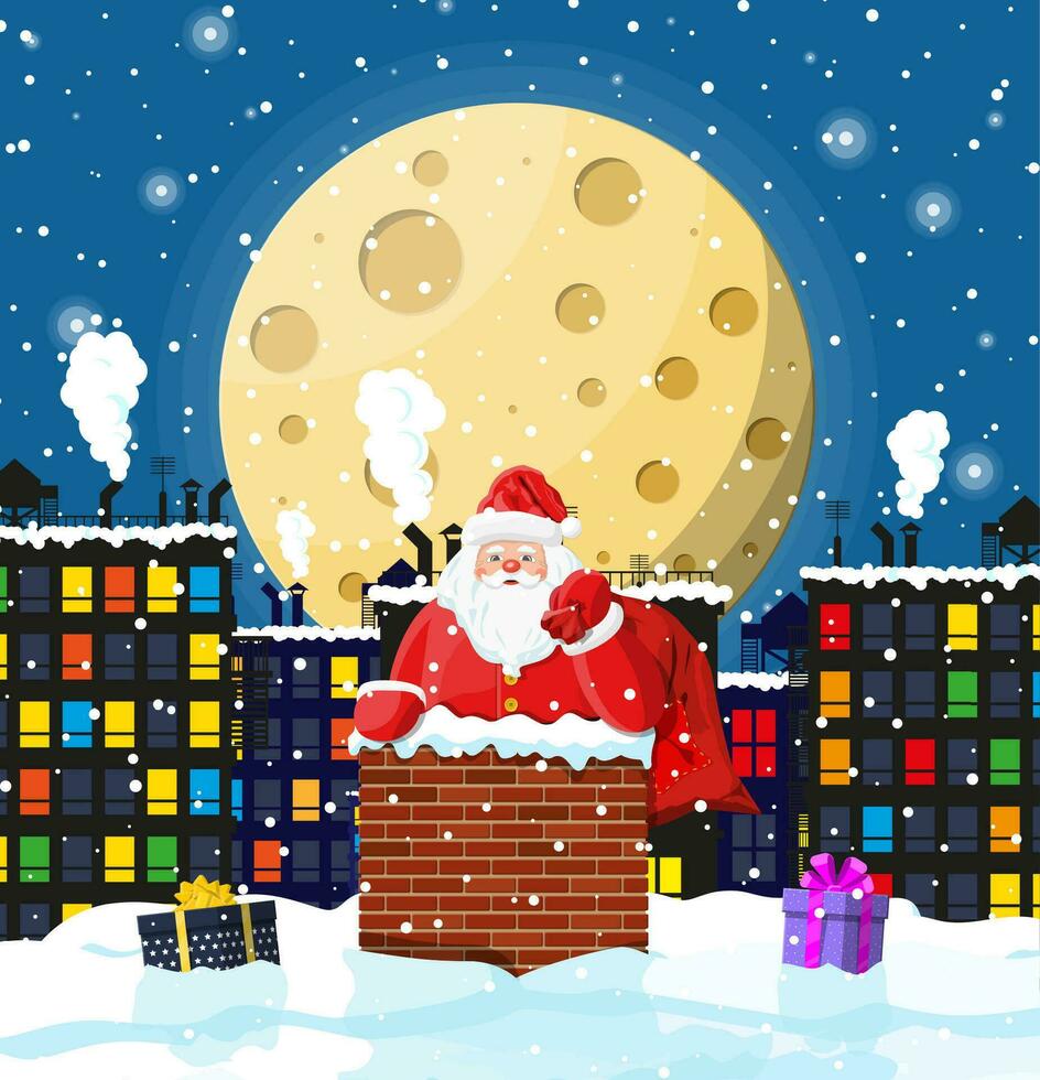 Santa claus with bag with gifts in house chimney, gift boxes in snow. Happy new year decoration. Merry christmas eve holiday. New year and xmas celebration. Vector illustration in flat style