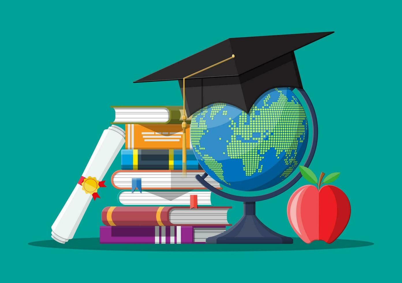 Graduation cap on stuck of books, globe and apple. vector