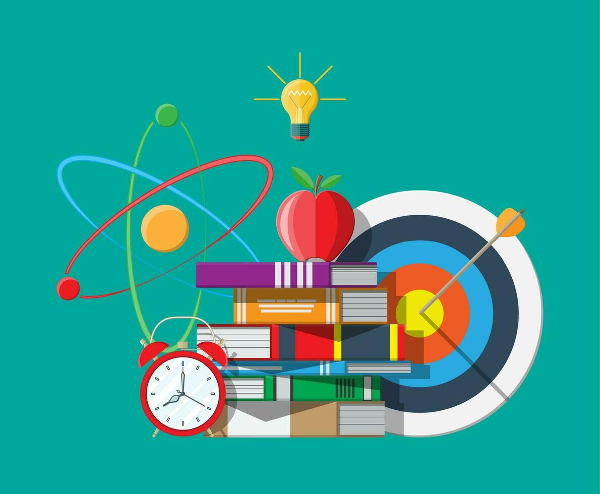 Red apple on pile of books, alarm clocks, target, idea bulb and atom symbol. Education strategy and study learning concept. Vector illustration in flat style