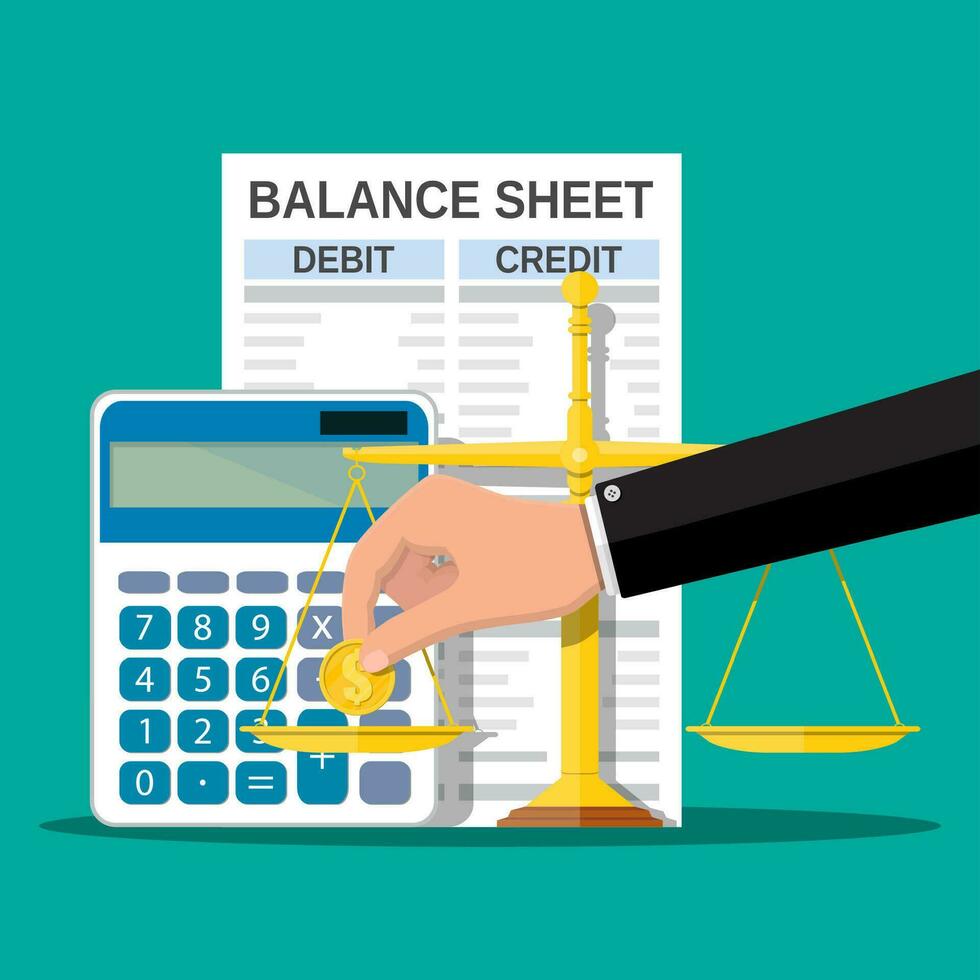 Balance sheet with calculator, coin, scales vector