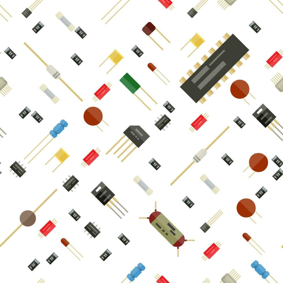 Seamless electronic components pattern. Circuit set. Transistor, resistor, capacitor, led and chip. Vector illustration in flat style