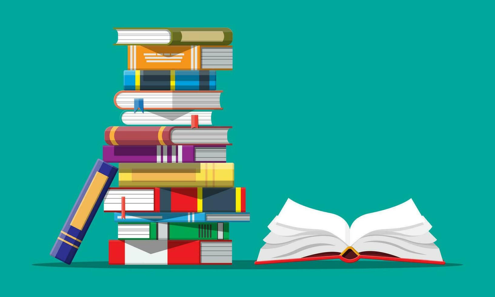 Open book with an upside down pages and pile of books. Reading, education, e-book, literature, encyclopedia. Vector illustration in flat style