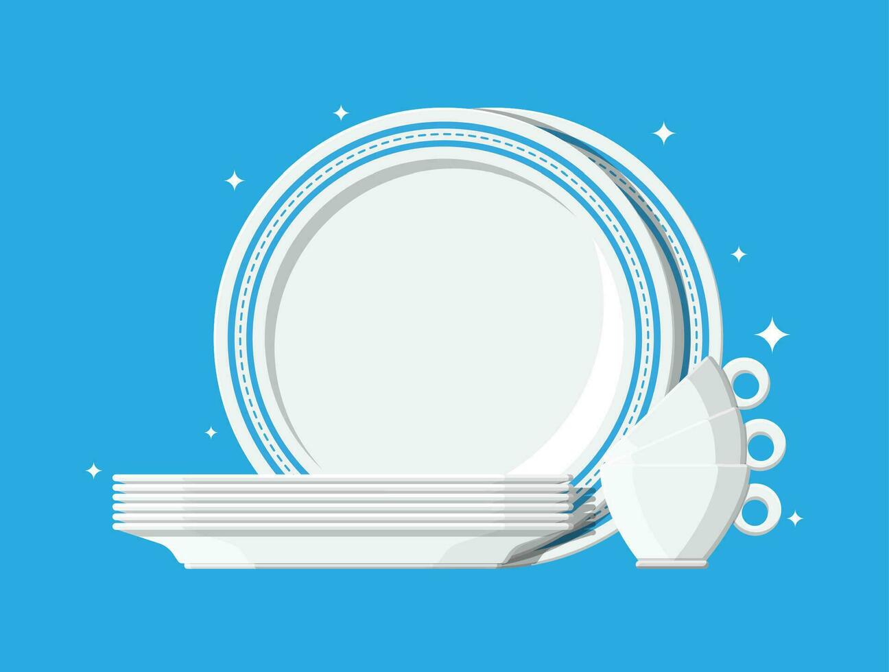 Clean teacups and ceramic plate stacked. White kitchen household cutlery after wash. Tableware and crockery. Vector illustration in flat style