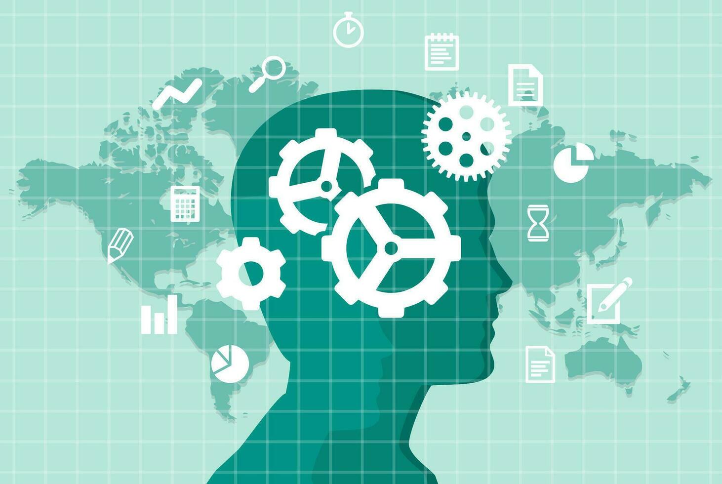 Flat style vector illustration brainstorming process concept. Human head silhouette with gear. World map background