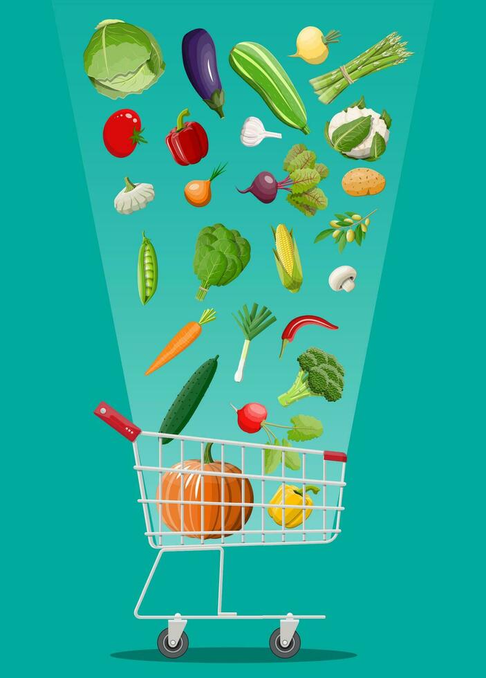 Shopping cart full of vegetables. Farming fresh food, organic agriculture products. Autumn harvest. Onion, cabbage, pepper, pumpkin, cucumber, tomato other vegetables. Vector illustration flat style