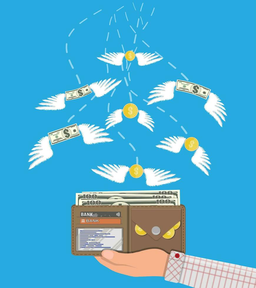 Dollars and coins with wings flying in hand with wallet. Prize, money payroll, income, savings, investment. Vector illustration in flat style