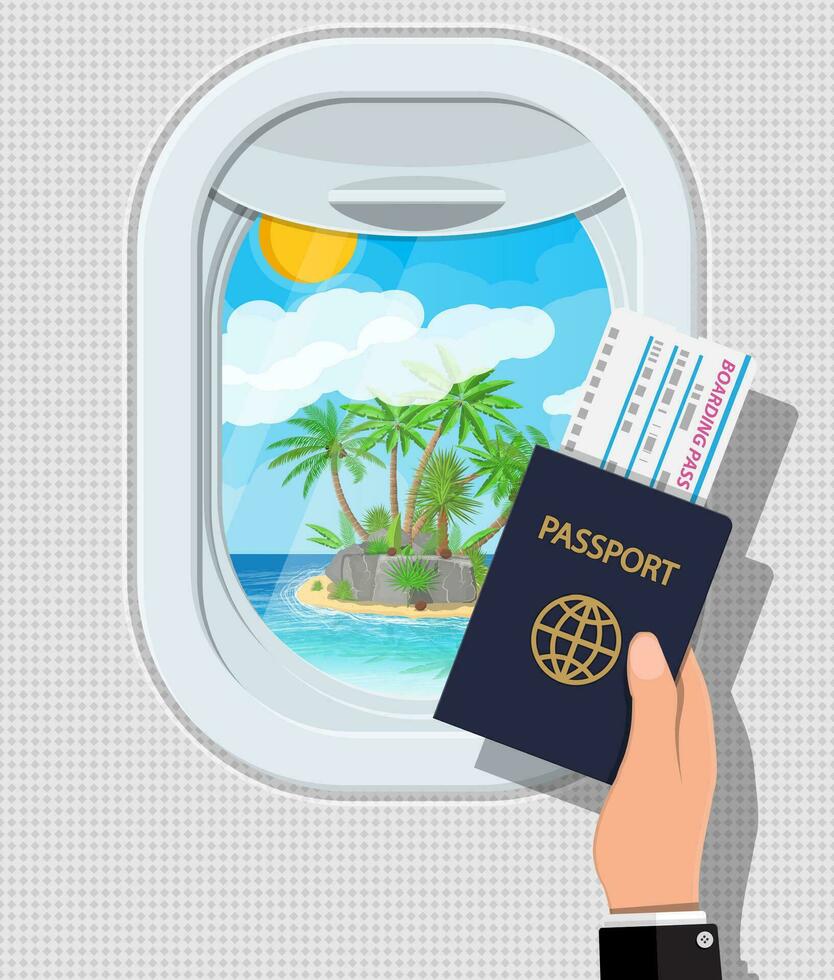 Window from inside the airplane. Hand with passport and ticket. Aircraft porthole shutter. Tropical island with palm tree in ocean. Air journey or vacation concept. Vector illustration in flat style